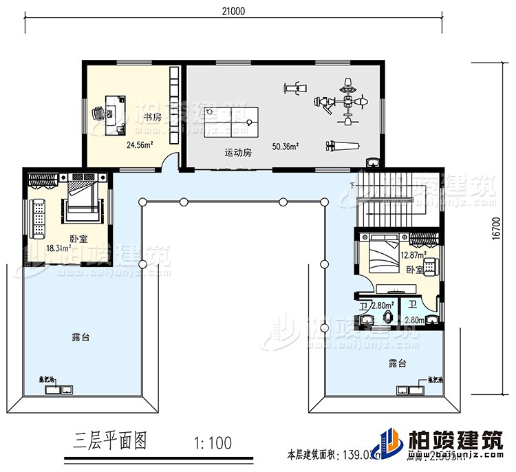 三層：書房，運動房，2臥室，2衛生間，露台