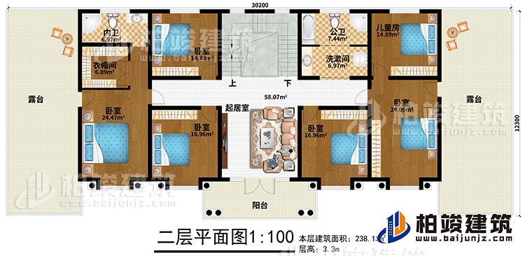 二層：5臥室、兒童房、公衛、洗漱間、內衛、起居室、2露台、陽台