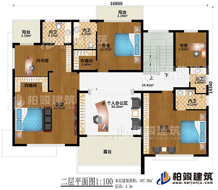 二層：3臥室、2衣帽間、3內衛、內書房、書房、個人辦公區、公衛、2陽台、露台