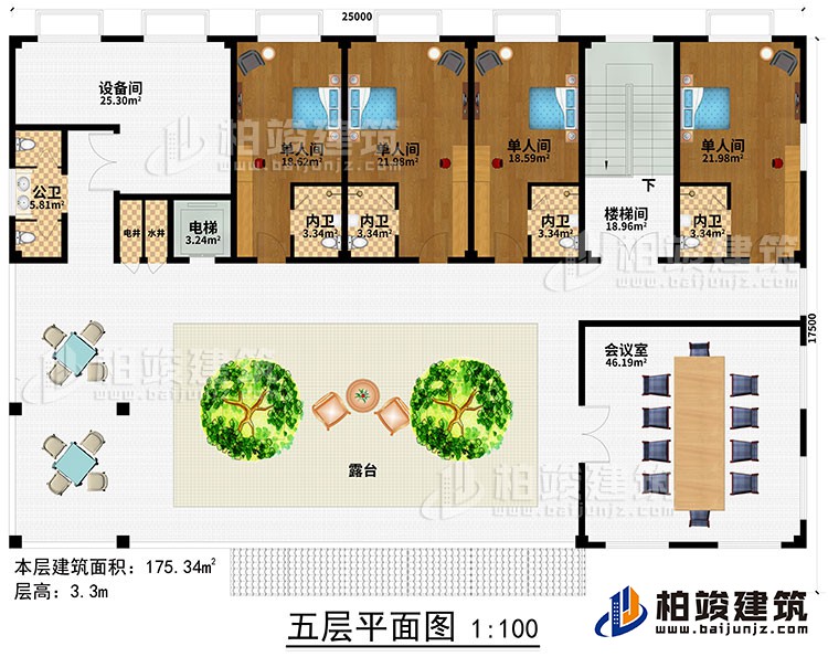 五層：樓梯間、過道、電梯、水井、電井、4單人間、4內衛、公衛、露台、會議