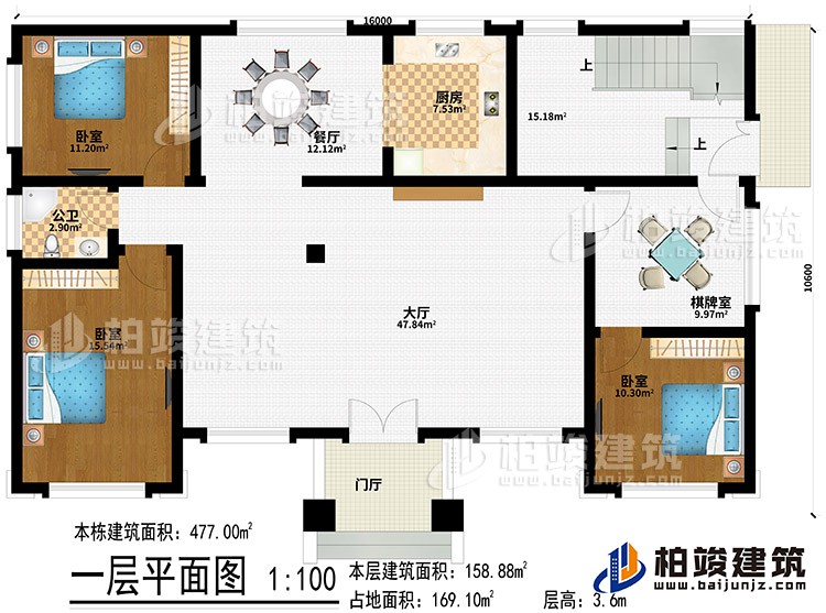 一層：門廳、大廳、餐廳、廚房、3臥室、棋牌室、公衛