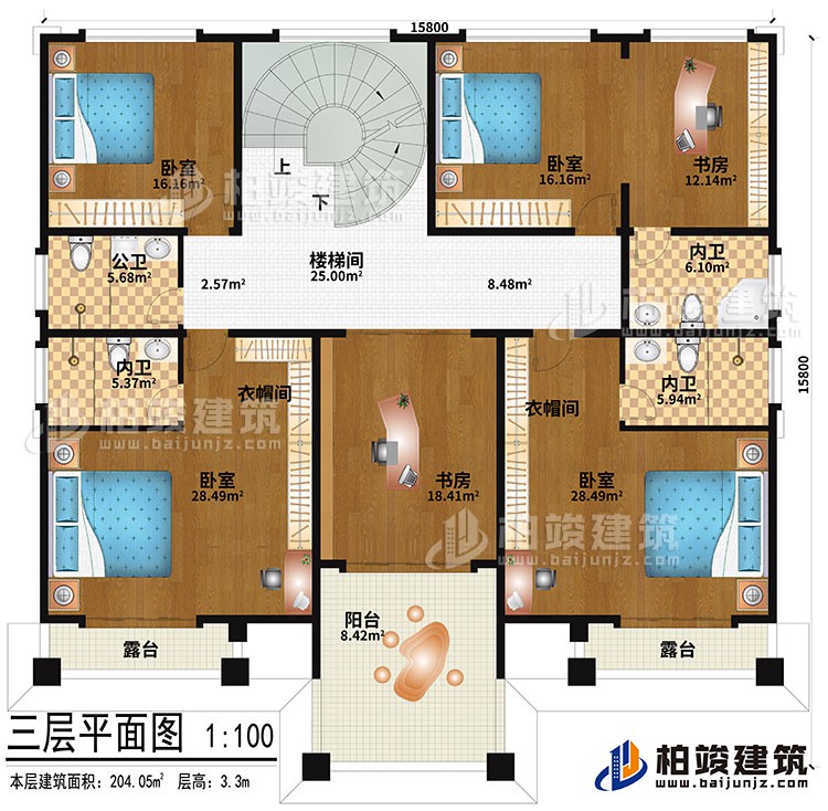 三層：樓梯間、4臥室、2衣帽間、2書房、公衛、3內衛、2露台、陽台
