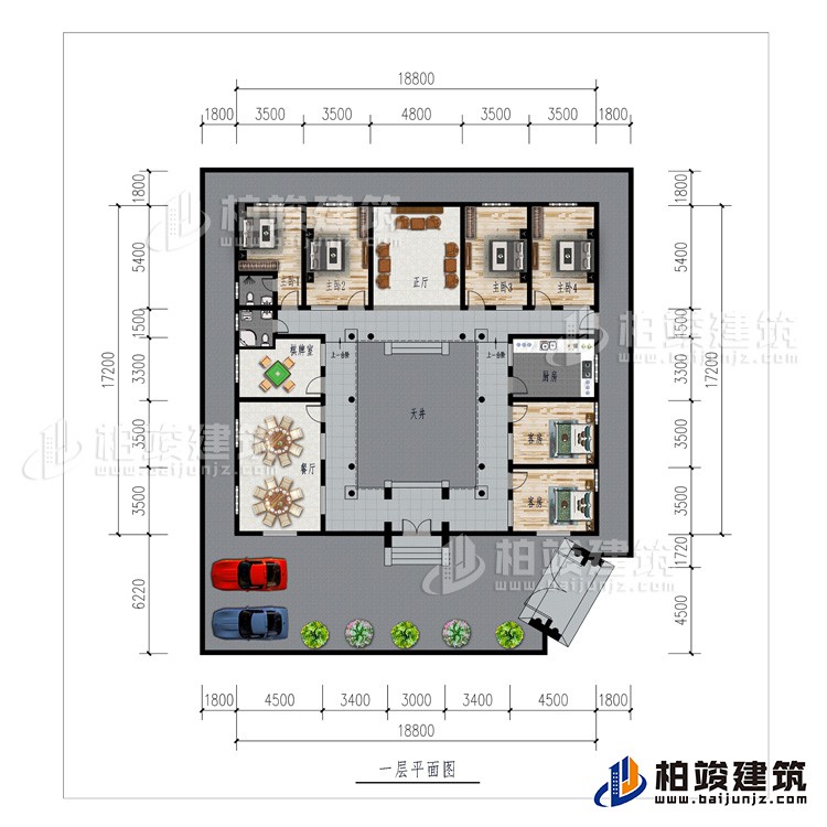 一層：車庫、餐廳、棋牌室、廚房、正廳、6臥室、公衛、內衛