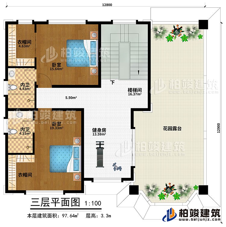 三層：健身房、樓梯間、2臥室、2衣帽間、2內衛、花園露台