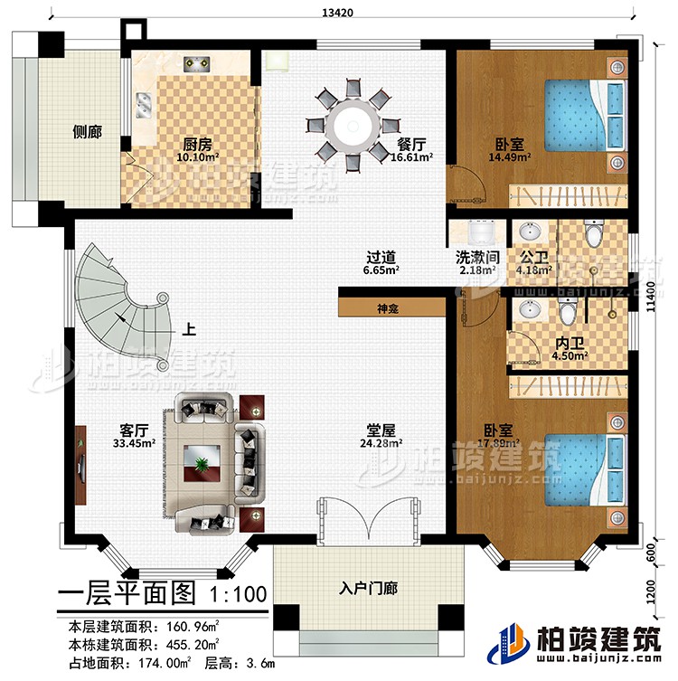 一層：入戶門廊、側廊、堂屋、神龕、客廳、廚房、餐廳、過道、2臥室、洗漱間、公衛、內衛